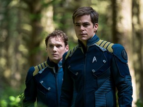 Anton Yelchin plays Chekov and Chris Pine plays Kirk in Star Trek Beyond.