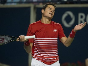 Milos Raonic of Canada shows his frustration while playing against Gael Monfils of France during men's quarter-final Rogers Cup tennis action in Toronto on Friday night. Raonic lost 6-4, 6-4.