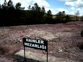 A sign reading in Turkish "Traitors' Cemetery" is seen in front of unmarked graves, built specifically to hold the bodies of coup plotters who died in the failed military coup of July 15, in eastern Istanbul. Wednesday, July 27, 2016.