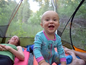 Talon in a tent in the Rattlesnake Wilderness, Mont.; camping gear creates hours of entertainment for babies.