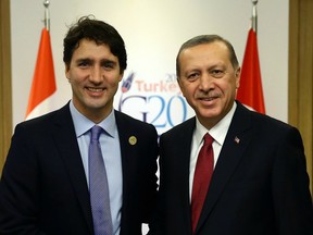 Justin Trudeau with Turkish President Recep Tayyip Erdogan at the G-20 summit in Antalya, Turkey in November 2015.