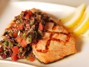 Salmon with Tomato and Olive Salsa is a Greek-inspired main dish
