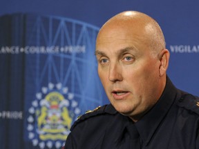 Deputy Police Chief Paul Cook announces that police officers have been suspended for the way they dealt with a suspect in Calgary, Ab., on Saturday August 27, 2016