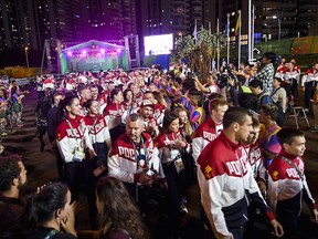 Team Russia athletes for the Rio 2016 Olympic Games attend their welcome ceremony at the Athletes village on August 3, 2016 in Rio de Janeiro, Brazil.