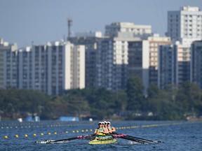 Australia competes in the women's quad sculls Heat 1 on Day 1 of the Rio 2016 Olympic Games at the Lagoa Stadium.