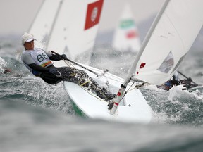 Evi van Acker in action during a Laser Radial class race on Day 5 of the Rio 2016 Olympic Games at the Marina da Gloria on August 10, 2016 in Rio de Janeiro, Brazil.