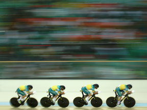 This photo is proof that Callum Scotson (second from right) raced for Australia in men's team pursuit on Aug. 12. He wasn't allowed on the podium after being replaced for the final, where his team won silver.