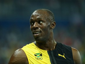 Usain Bolt celebrates winning the men's 100-metre final in Rio on Sunday.