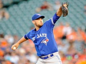 Marco Estrada of the Toronto Blue Jays pitches in the first inning of a 5-1 win against the Baltimore Orioles at Oriole Park at Camden Yards on Monday.