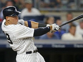 Aaron Judge of the New York Yankees rips the game-winning hit in the fourth inning of Monday's 1-0 victory over the Toronto Blue Jays at Yankee Stadium.