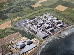 A computer generated image of the proposed two nuclear reactors, Hinkely Point C , at the Hinkley Point power plant in south-west England.