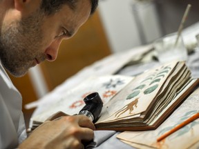 Quality control operator of the Spanish publishing outfit Siloe Luis Miguel works on cloning the illustrated codex hand-written Voynich manuscript in Burgos on August 9, 2016.