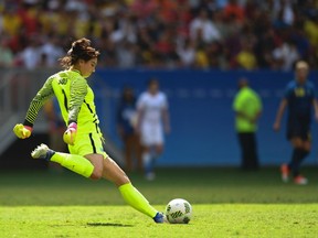 U.S. goalkeeper Hope Solo prepares to kick the ball during her team's loss to Sweden on Friday.