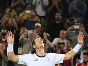 Great Britain's Andy Murray reacts after winning the men's singles gold-medal tennis match against Argentina's Juan Martin Del Potro in Rio on Sunday.