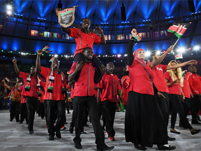 Kenyan athletes march in the Rio 2016 opening ceremony on Aug. 5.