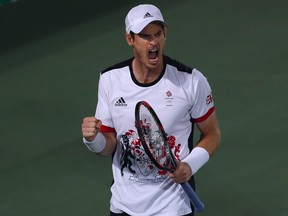 Great Britain's Andy Murray reacts after winning a point against Argentina's Juan Martin del Potro in the gold medal match of the men's singles tennis competition at the 2016 Summer Olympics in Rio de Janeiro, Brazil, on Sunday, Aug. 14, 2016.