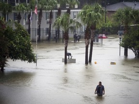 A resident wades through flood water at Tiger Manor Apartments by the North Gates of Louisiana State University on Saturday.