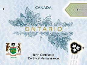 An Ontario birth certificate. Many parents are giving their children a variety of "non-traditional" last names