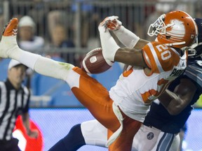 Keynan Parker of the B.C. Lions tries to haul in a pass during CFL action against the Toronto Argonauts Wednesday at BMO Field. The Lions were 16-13 winners.