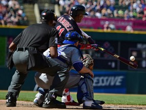 Cleveland Indians' Jose Ramirez hits a two-run home run off Toronto Blue Jays relief pitcher Brett Cecil in the eighth inning on August 21.