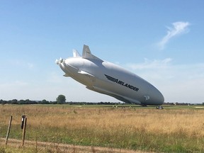 The Airlander 10 making a bumpy landing at Cardington airfield in England during its second test flight Wednesday Aug. 24, 2016