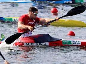 Canada's Mark De Jonge paddles in the men's kayak single 200m heat