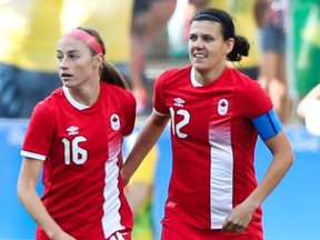 Janine Beckie with captain Christine Sinclair.