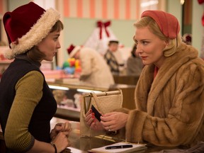 Rooney Mara and Cate Blanchett in Carol, in which they super scandalously KISS. How dare they.