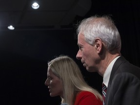 Minister of Foreign Affairs Stephane Dion and  Minister of Environment and Climate Change Catherine McKenna at a news conference, in Paris.