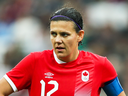 Christine Sinclair of Canada in action during the match between Canada and Australia women's soccer on Aug. 3, 2016 in Sao Paulo, Brazil.