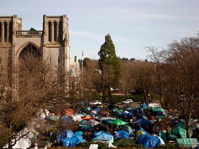 Victoria's Tent City, located in a small downtown park, is seen with Christ Church Cathedral in the background in a photograph from Feb. 25, 2016.