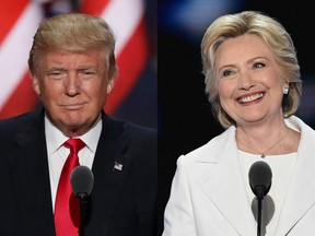 Republican presidential candidate Donald Trump delivers a speech during the evening session on the fourth day of the Republican National Convention on July 21, 2016.  Democratic presidential nominee Hillary Clinton arrives on stage during the fourth and final night of the Democratic National Convention, July 28, 2016