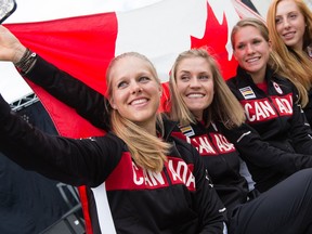 Kirsti Lay takes a selfie with her Olympic teammates (L-R) Georgia Simmerling, Jasmin Glaesser and Allison Beveridge