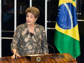 Dilma Rousseff, suspended president of Brazil, speaks during her impeachment trial in Brasilia, Brazil, on Monday, Aug. 29, 2016.