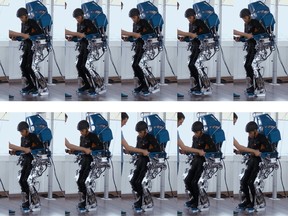 This handout image obtained via Nature Press on August 12, 2016 shows a screen grab from a video of a patient walking using an exoskeleton during a study involving eight paraplegics with chronic spinal cord injuries (SCIs).  Patients long paralysed from spinal cord injuries showed unprecedented gains in mobility and feeling through virtual-reality training and the use of brain-controlled robotics, scientists said on August 11.A