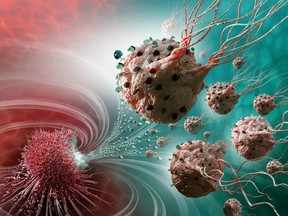 An artist's depiction of magnetic bacteria moving towards solid tumour tissue.
