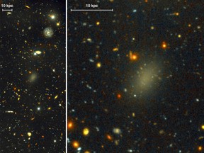 It looks like a smudge, but the galaxy Dragonfly 44 is just very faint for its mass and consists almost entirely of dark matter.