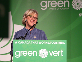 Green Party leader Elizabeth May speaks after being re-elected in the last election. Now there are theories she might be looking for a way out.