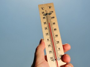 A thermometer shows a high temperature during a heatwave.