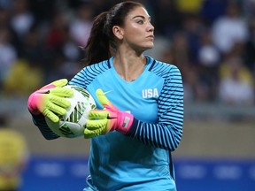 Hope Solo, pictured in an Aug. 3 file photo, was roundly criticized for her post-match comments following the United States women's soccer team's loss to Sweden on Aug. 12.