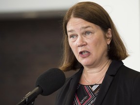 Federal Health Minister Jane Philpott speaks to the media at the Liberal cabinet retreat in Sudbury, Ont., on Sunday, Aug. 21, 2016.