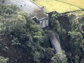 Aso Bridge is seen collapsed after an earthquake in Minamiaso, Kumamoto prefecture, southern Japan Saturday, April 16, 2016. A powerful earthquake struck southern Japan early Saturday, barely 24 hours after a smaller quake hit the same region.