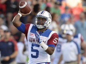 Kevin Glenn of the Montreal Alouettes throws a pass during CFL action against the Ottawa Redblacks Friday night in Ottawa. The Alouettes scored a season-high six touchdowns in a 43-19 rout.