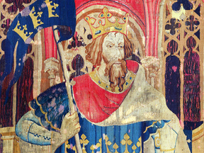 A tapestry (circa 1385) portraying King Arthur. A 12th-century historian wrote that Arthur was born at Tintagel, Cornwall.