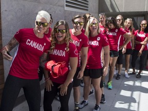 Captain Jen Kish (front) and Canada's women's rugby sevens team at the Olympic team announcement in July.
