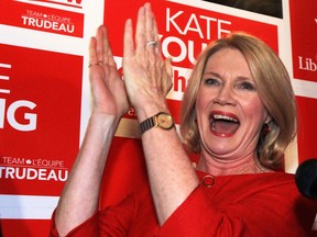 Kate Young reacts to her supporters in her win over Conservative incumbent Ed Holde in the riding of London West, Monday, Oct. 19, 2015, London, Ontario.
