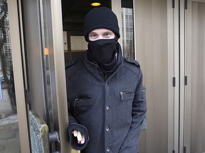 Aaron Driver leaves the Law Courts in Winnipeg on Feb. 2, 2016, wearing a balaclava that helped the RCMP identify him.