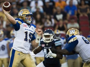 Winnipeg Blue Bombers' quarterback Matt Nichols throws a pass against the Toronto Argonauts during CFL action Friday night at BMO Field. Nichols made it three wins in as many starts with a 34-17 victory at BMO Field.