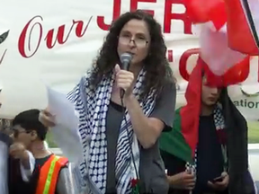 Teacher Nadia Shoufani speaks at an Al-Quds Day rally in Toronto.