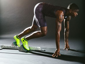 U.S. sprinter Trayvon Bromell in New Balance track shoes he will wear during the Olympics.